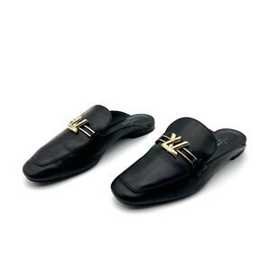 LOUIS VUITTON Upper Case Black Slide Loafers Size 38 Chain LV Logo Flat Mules